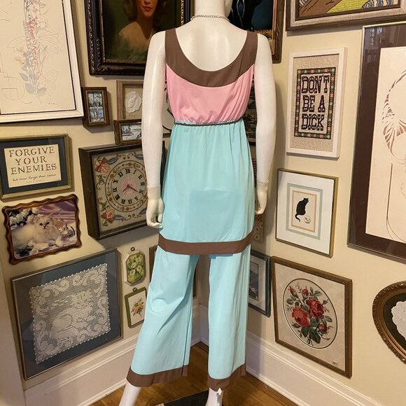80s Vintage Pastel Blue Pink Brown Nylon Sleeveless 2-pc Pajama Set Size M - Picture 3 of 4